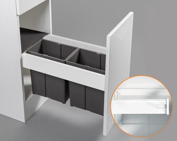 Blum TANDEMBOX antaro Standard Drawer M Height 83MM 65kg 500mm Silk White with BLUMOTION + Grey 20LT (2x8LT bins) WBPB3020Z. To suit 300mm cabinet. (WB0809A1PB)