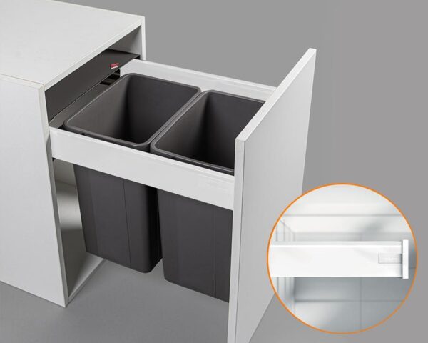 Blum TANDEMBOX antaro Standard Drawer M Height 83MM 65kg 500mm Silk White with BLUMOTION + Orion Grey 52LT (2 x 26L bins) WBPB4552Z. To suit 450mm cabinet. (WB0809A16PB)