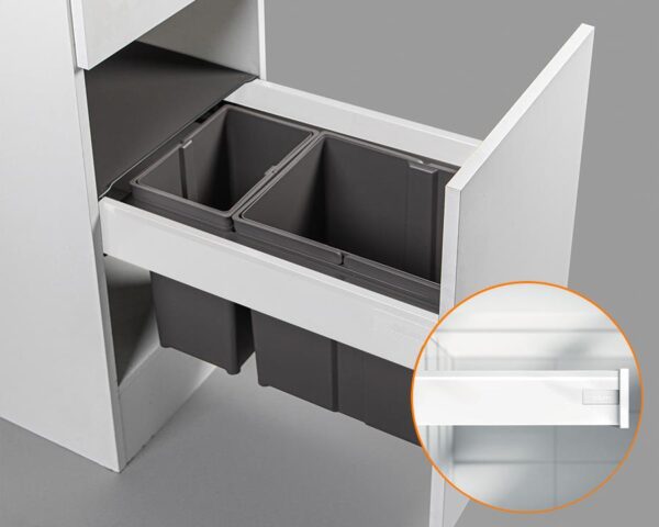 Blum TANDEMBOX antaro Standard Drawer M Height 83MM 65kg 500mm Silk White with BLUMOTION + Orion Grey 25LT (1x17LT + 1x8LT bins) WBPB4030Z. To suit 400mm cabinet. (WB0809A14PB)